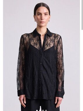 Apiece Apart Black Sheer Lace Button-Down Blouse